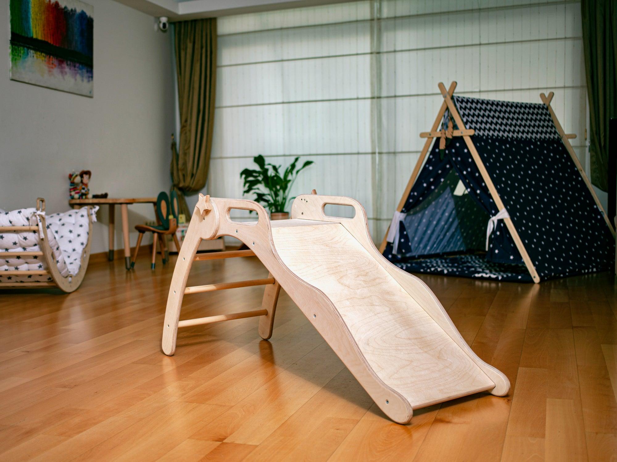 Red Oceanus foldable wooden slide for children, showing smooth wooden surface and compact design in a modern furniture style.