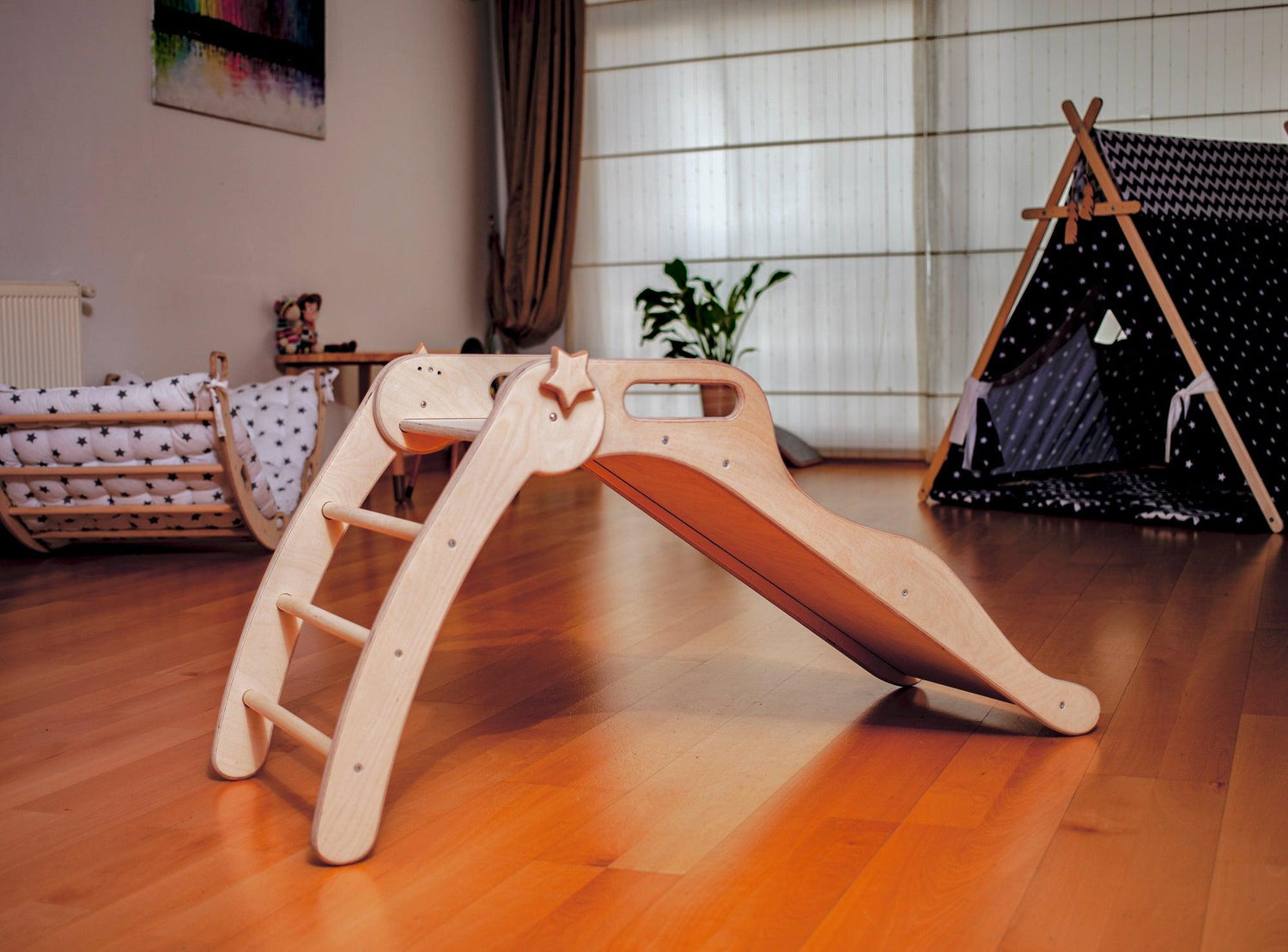 Red Oceanus foldable wooden slide for furniture, showcasing smooth wood finish and compact design for easy storage.