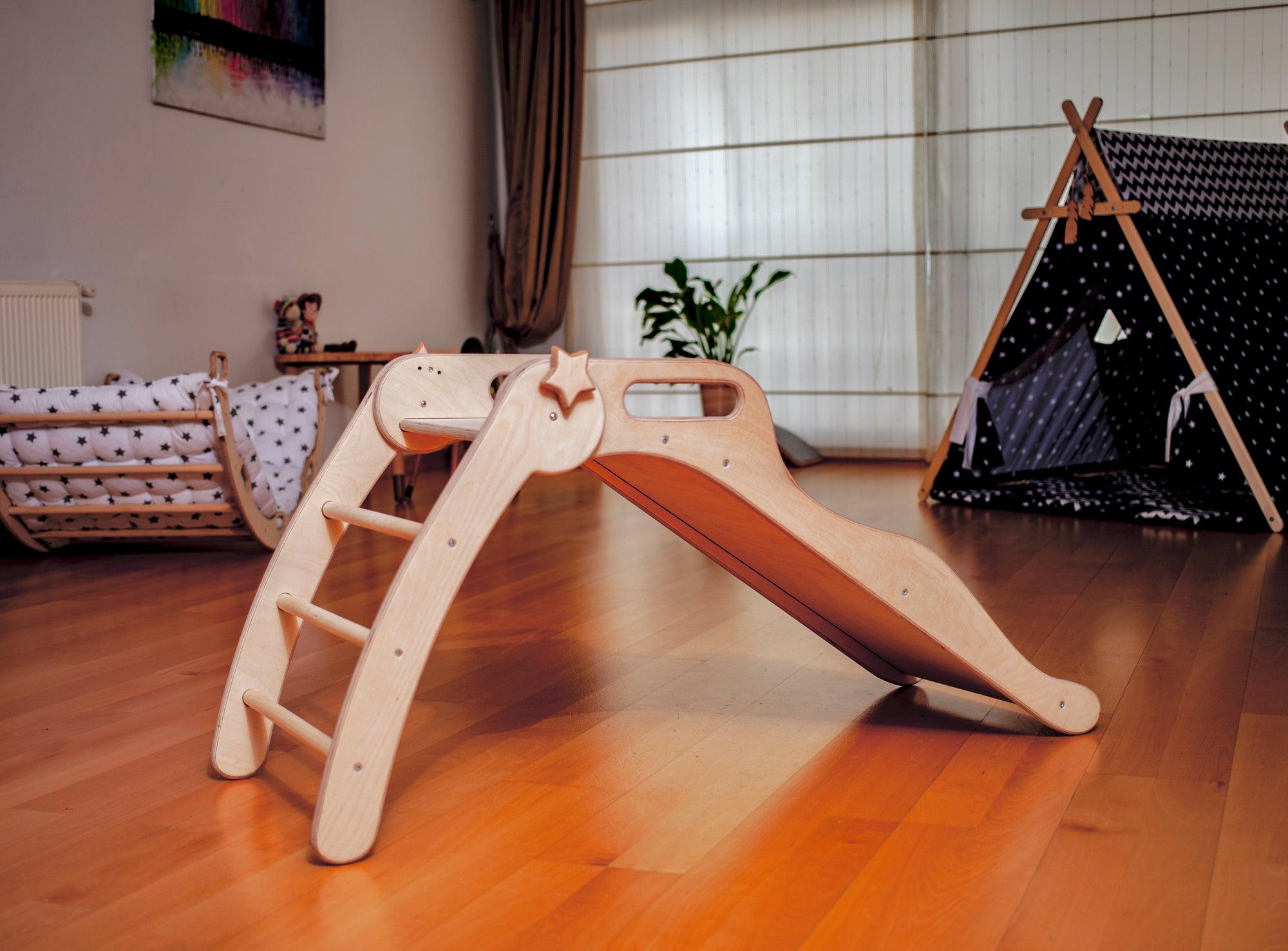 Red Oceanus foldable wooden slide for furniture, showcasing smooth wood finish and compact design for easy storage.
