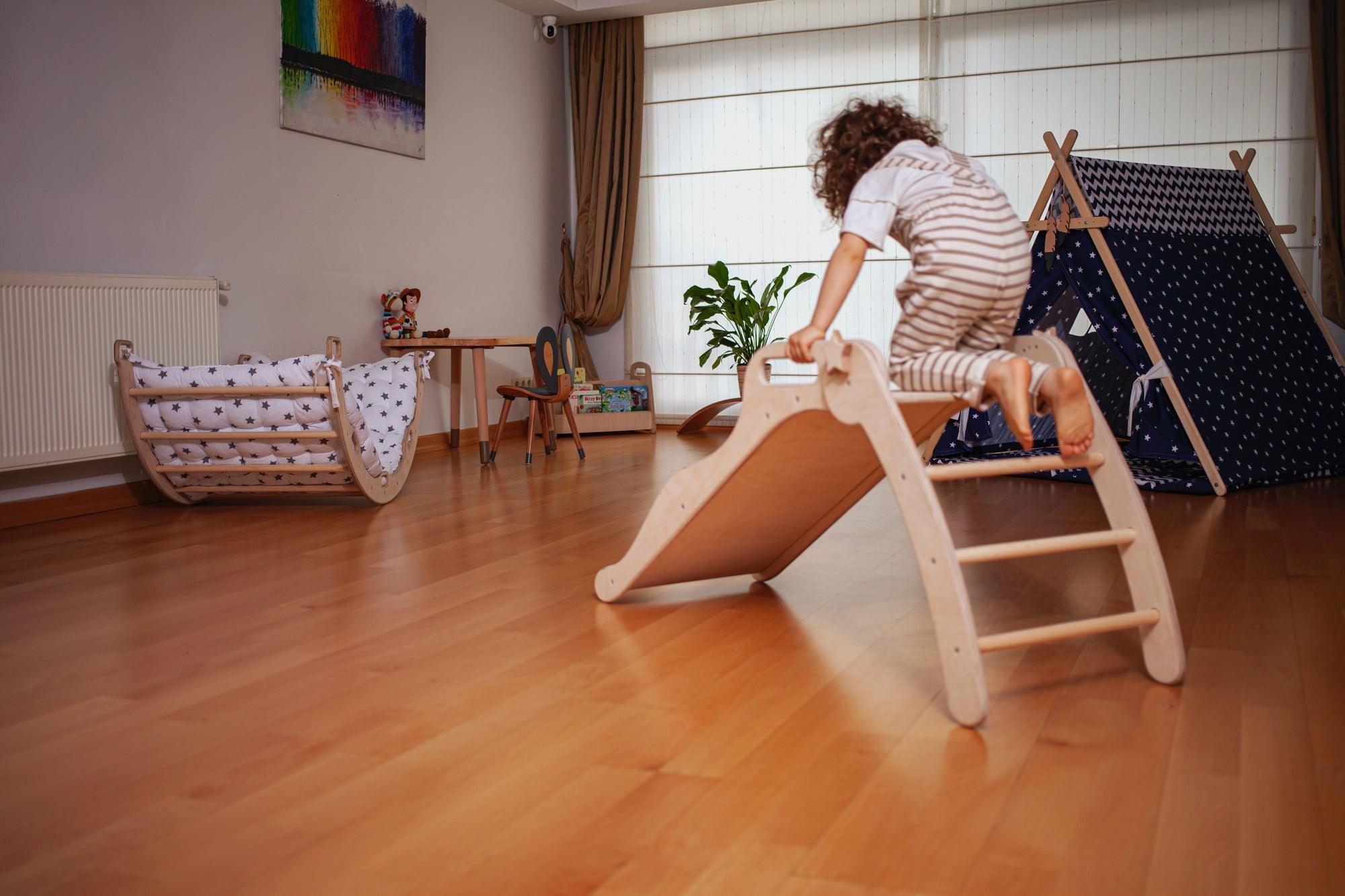 Foldable wooden slide from Red Oceanus, showcasing smooth wooden surface and foldable design for versatile furniture use.
