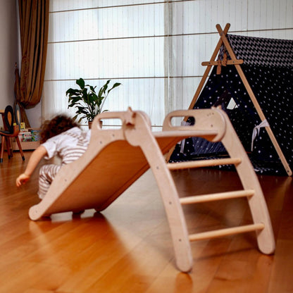 Foldable wooden slide from Red Oceanus, showcasing smooth wooden surface and compact foldable design for children&