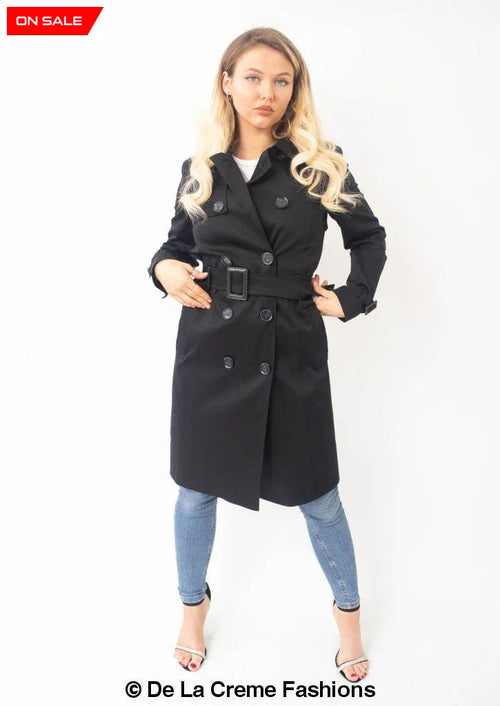 Black Rose Eleusis slim fit lightweight trench coat, shown on a model, stylish and tailored for a sleek silhouette.