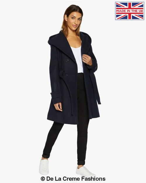 Navy slim fit shawl hooded coat by Rose Eleusis, stylish jackets and coats with a tailored silhouette and cozy hood.