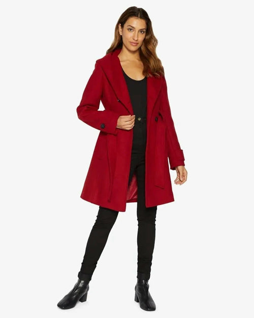 Red Rose Eleusis slim fit shawl hooded coat, stylish jacket with a tailored silhouette, perfect for cool weather.