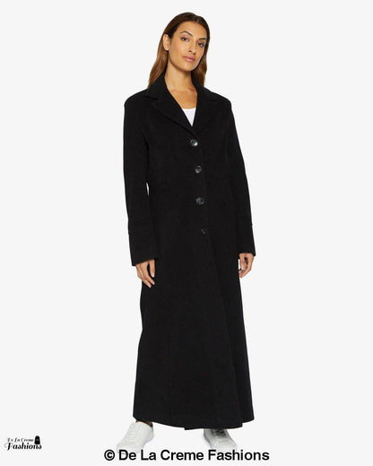 Rose Eleusis slim fit wool blend longline maxi coat shown in dark gray, stylish and warm outerwear for winter.