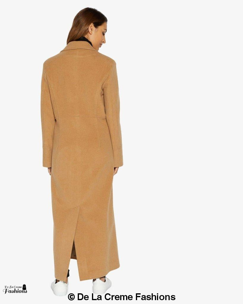 Rose Eleusis slim fit wool blend longline maxi coat, stylish jacket with tailored fit and elegant design, shown on a model.