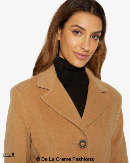 Rose Eleusis slim fit wool blend longline maxi coat, stylish jacket with tailored fit and cozy fabric, shown on a model.