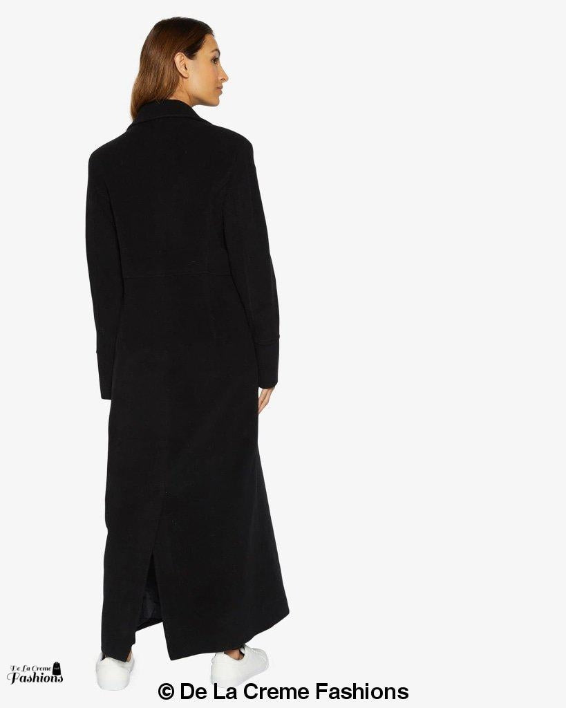 Rose Eleusis slim fit wool blend longline maxi coat for women, stylish coat with tailored fit and elegant design.