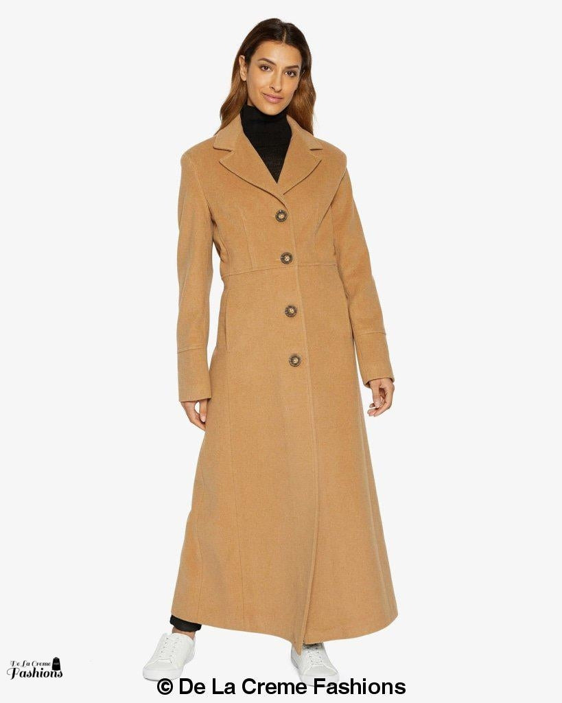 Rose Eleusis slim fit wool blend longline maxi coat, stylish winter jacket with tailored fit and extended length.
