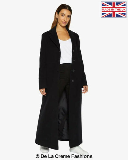 Black Rose Eleusis slim fit wool blend longline maxi coat, stylish jacket with tailored fit and elegant design.