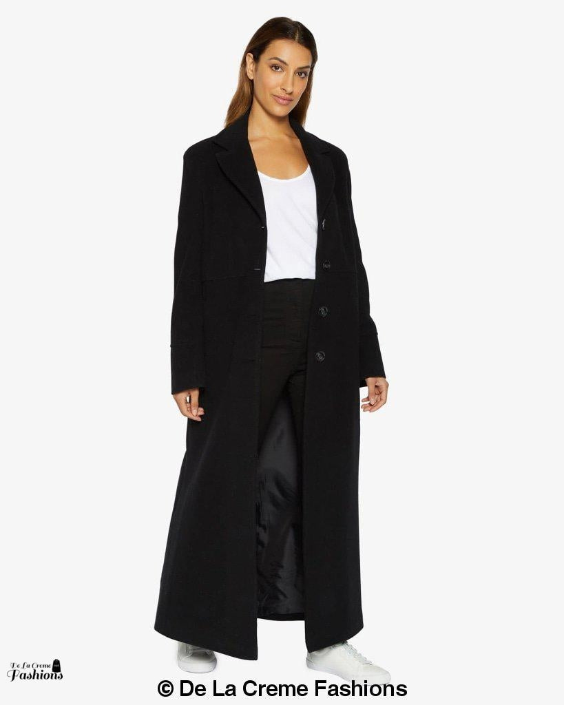 Black Rose Eleusis slim fit wool blend longline maxi coat, stylish jacket with tailored fit and elegant design.