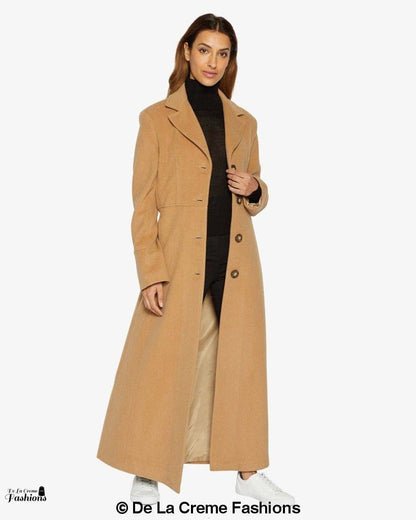 Camel slim fit wool blend longline maxi coat by Rose Eleusis, stylish jacket with tailored silhouette and knee-length design.