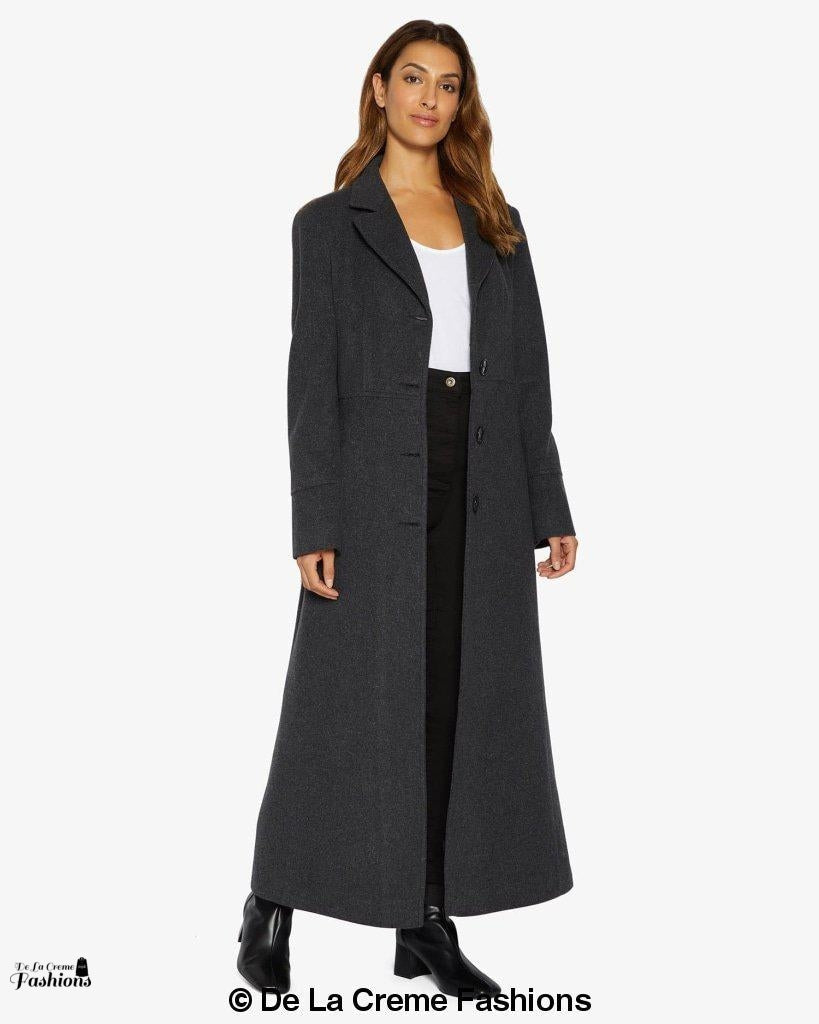 Grey Rose Eleusis slim fit wool blend longline maxi coat, tailored jacket with a sleek, modern design for women.