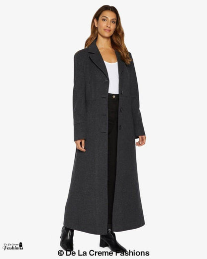 Grey Rose Eleusis slim fit wool blend longline maxi coat, tailored jacket with a sleek, modern design for women.