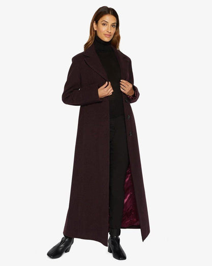 Rose Eleusis slim fit wool blend longline maxi coat in wine color, shown on a model, stylish and tailored for a sophisticated look.