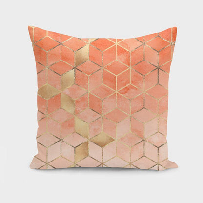 Soft peach gradient cubes cushion by Scorpius, plush textile pillow with geometric cube design for cozy home decor.