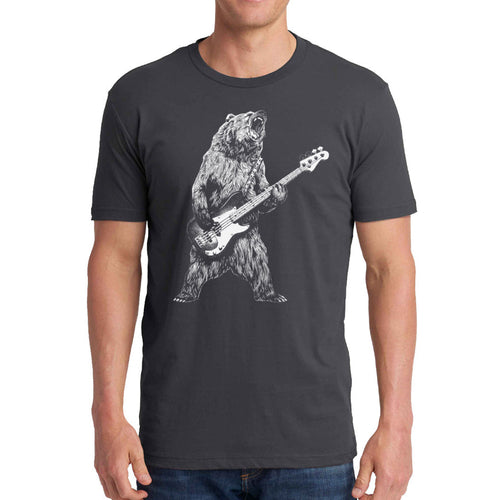 Charcoal T-shirt featuring a bear playing bass guitar design by Indigo Tiger.
