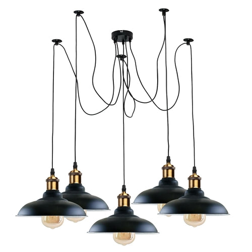 Sangria Angel industrial spider adjustable multi-arm pendant light with five shades and E27 bulbs, showcasing modern lighting design.