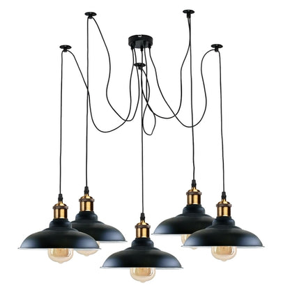 Sangria Angel industrial spider adjustable multi-arm pendant light with five shades and E27 bulbs, showcasing modern lighting design.