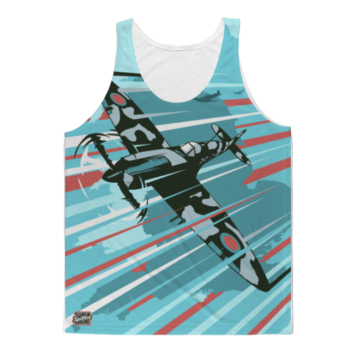 Sky Felix Spitfire Classic Sublimation Adult Tank Top, front view showing vibrant design on lightweight T-shirt.