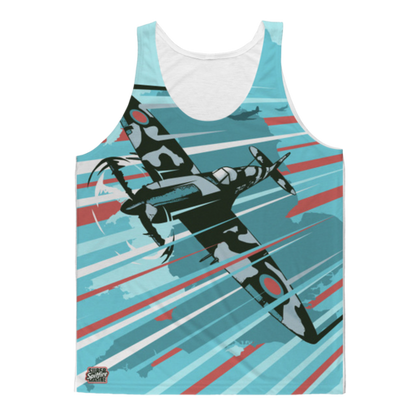 Sky Felix Spitfire Classic Sublimation Adult Tank Top, front view showing vibrant design on lightweight T-shirt.