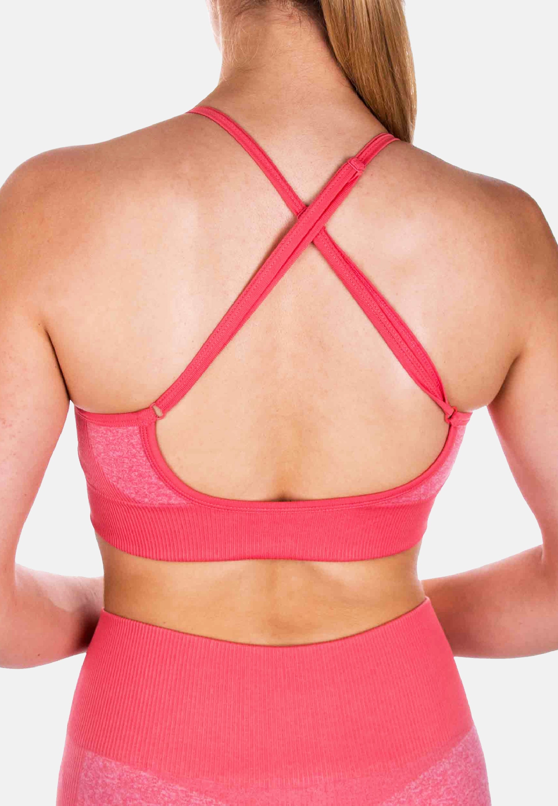Pink Pear Juniper Sports Bra ICON for women, shown from the back with a sleek design and supportive fit.
