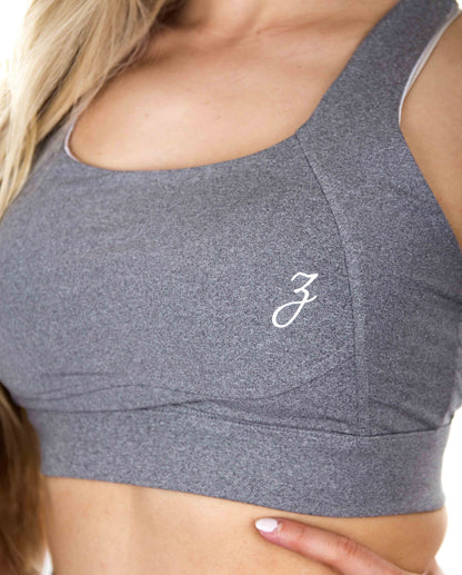 Gray Pear Juniper Sports Bra for women, close-up detail showing supportive fabric and sleek design.