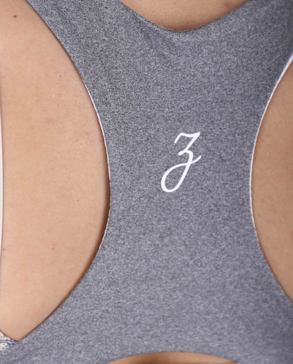Grey Pear Juniper Sports Bra for women, shown from the back, featuring supportive design and breathable fabric.