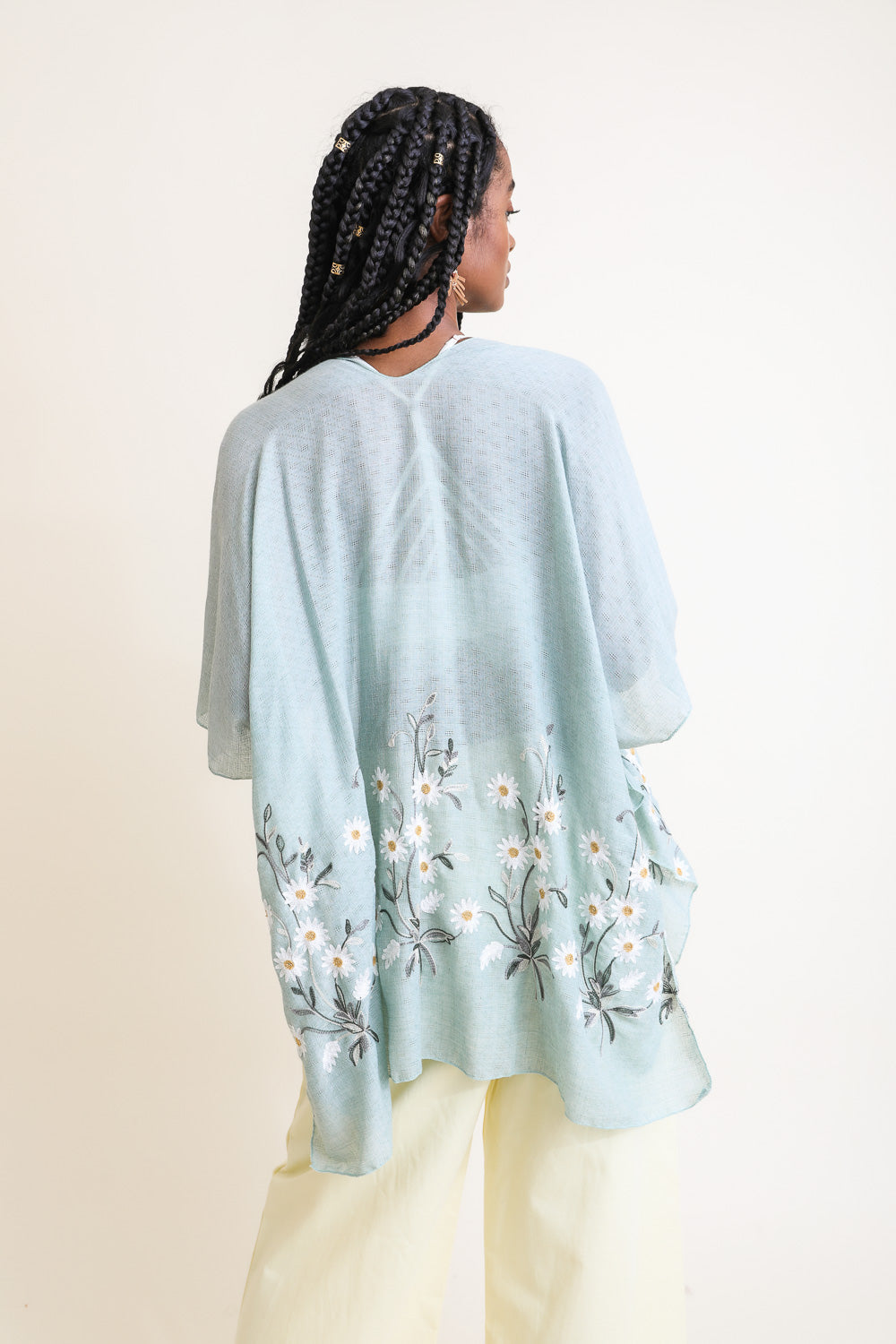 Periwinkle Aether Spring Daisy Kimono featuring floral print, lightweight fabric, and flowing design, perfect for casual spring style.