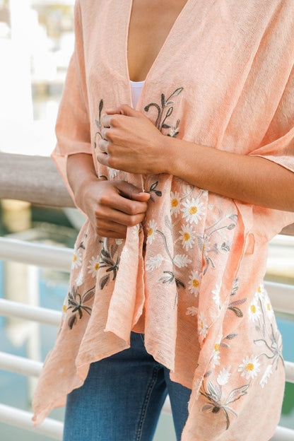 Periwinkle Aether Spring Daisy Kimono, lightweight blouse with floral daisy print, flowing fabric, ideal for spring fashion.