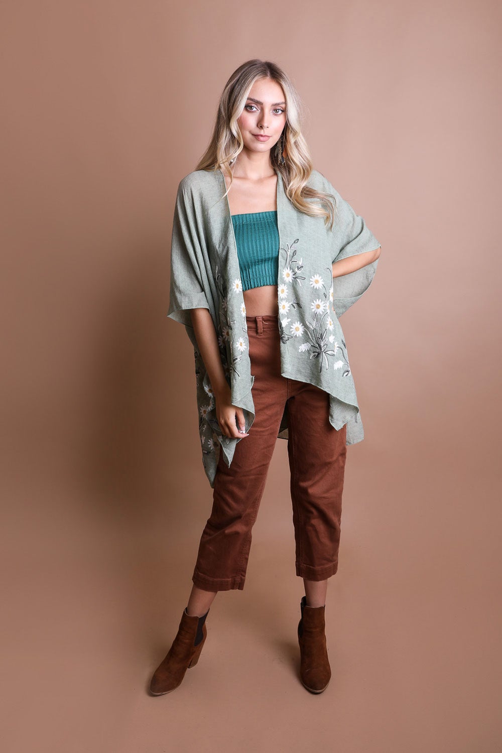 Periwinkle Aether Spring Daisy Kimono top with floral pattern, lightweight fabric, and flowy fit for casual spring wear.