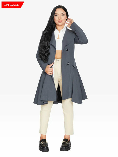 Grey Rose Eleusis double-breasted skater coat for spring and summer, stylish jacket with classic design and button details.