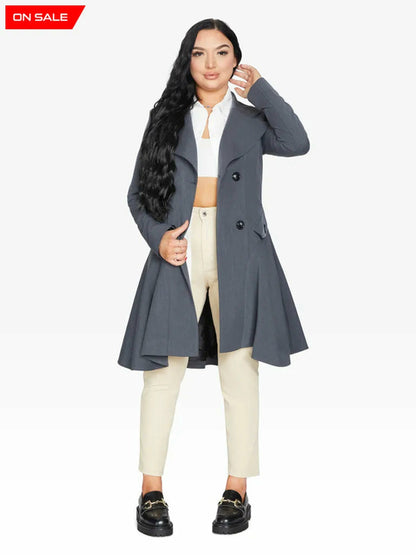 Grey Rose Eleusis double-breasted skater coat for spring and summer, stylish jacket with classic design and button details.