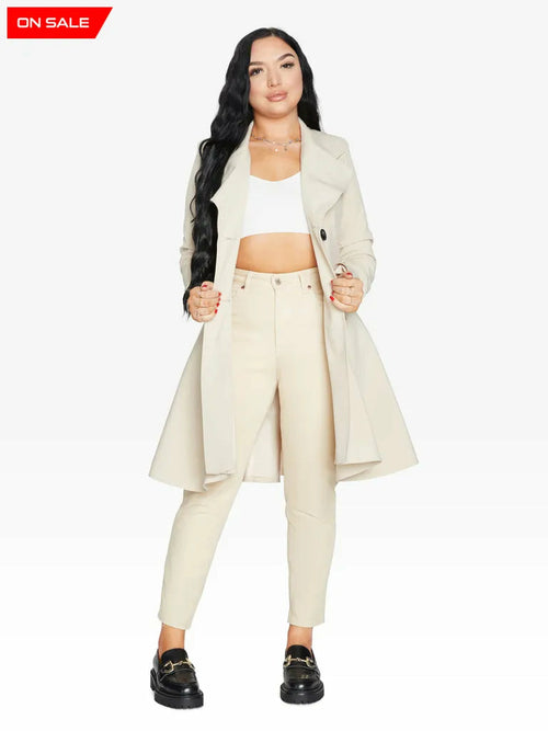 Rose Eleusis spring/summer double-breasted skater coat in stone, stylish jacket with classic button details and tailored fit.