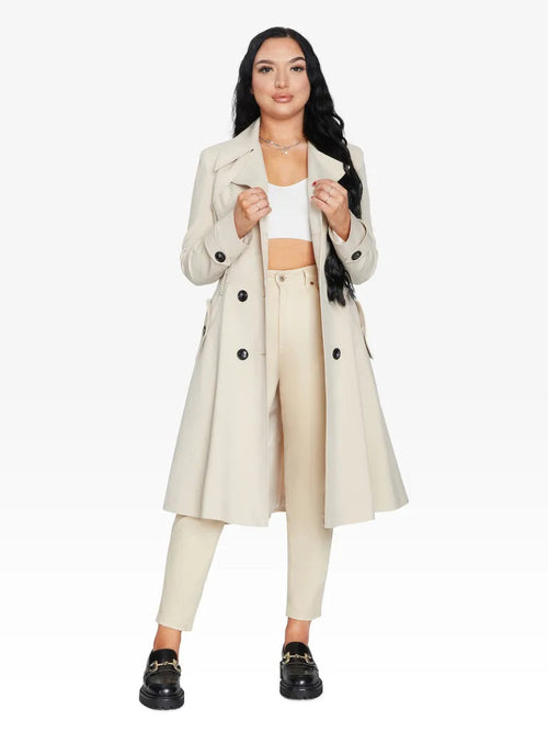 Beige Rose Eleusis double-breasted trench coat for spring and summer, stylish jacket with classic design and tailored fit.