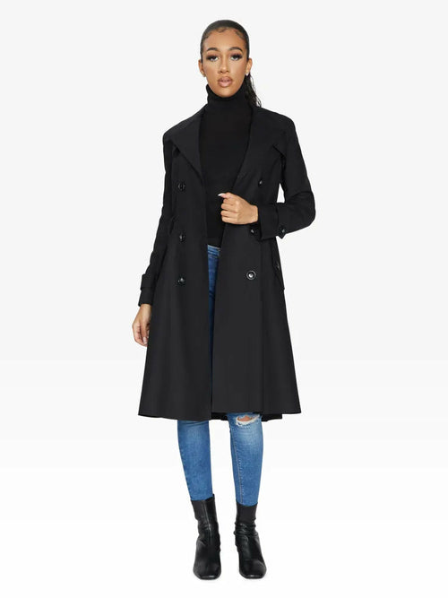 Black Rose Eleusis Spring/Summer double-breasted trench coat, stylish jacket with classic design, shown on model.