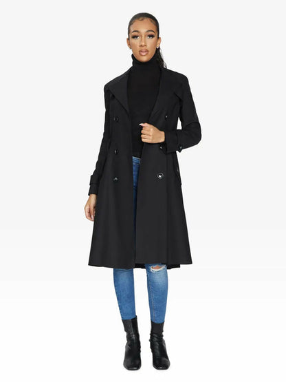 Black Rose Eleusis Spring/Summer double-breasted trench coat, stylish jacket with classic design, shown on model.