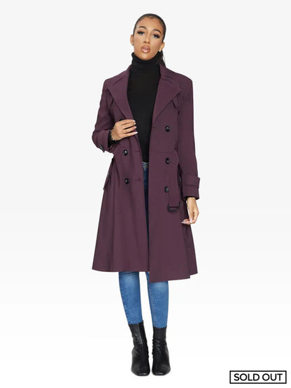 Maroon Rose Eleusis double-breasted trench coat for spring and summer, stylish jacket with classic design and waist belt.