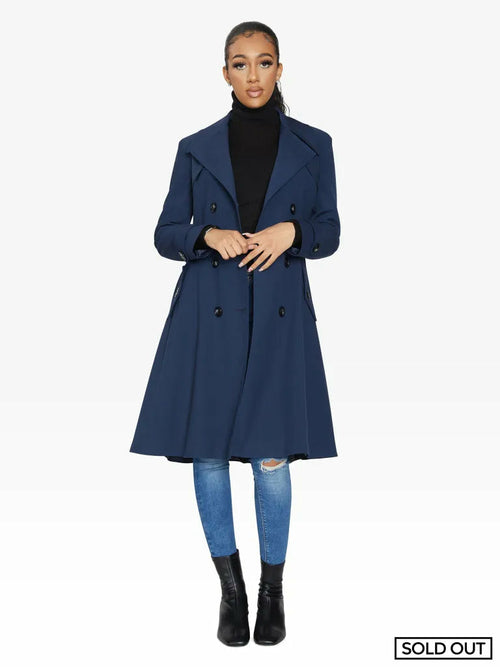 Navy double-breasted trench mac coat by Rose Eleusis, stylish spring/summer jacket with classic design and button details.