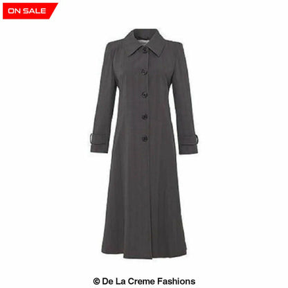 Grey Rose Eleusis longline mac coat for spring and summer, shown on a size 10 UK model, stylish lightweight outerwear.