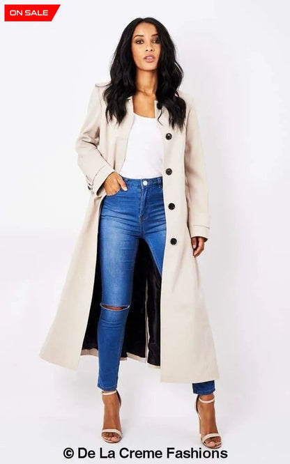 Rose Eleusis longline mac coat in stone, lightweight spring/summer jacket with a relaxed fit and classic design.