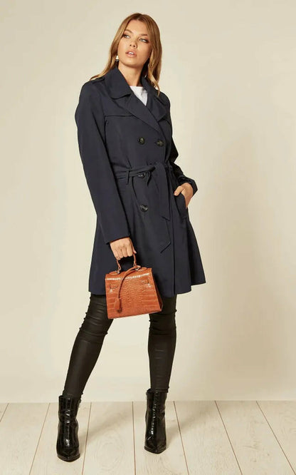 Navy blue Rose Eleusis military double-breasted trench coat for spring and summer, stylish jackets and coats for women.
