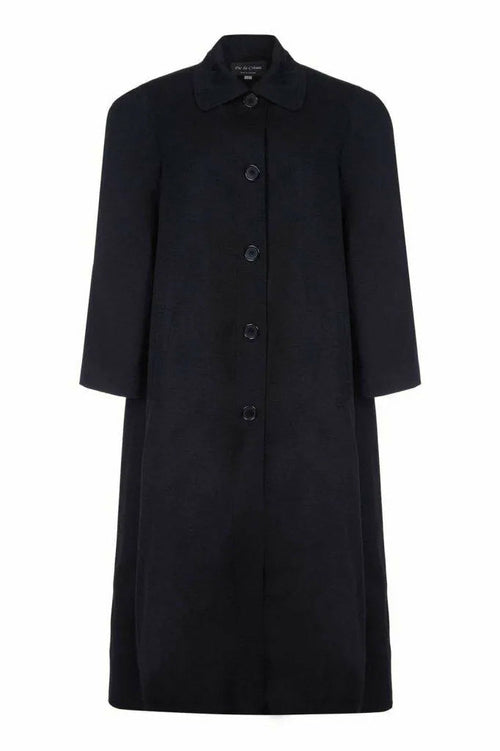 Black plus size long coat by Rose Eleusis, suitable for spring and summer, shown on a UK size 14 model.