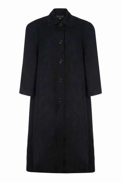 Black plus size long coat by Rose Eleusis, suitable for spring and summer, shown on a UK size 14 model.