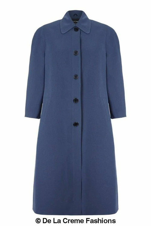 Light navy plus size long coat by Rose Eleusis, perfect for spring and summer, shown on a UK size 14 model.