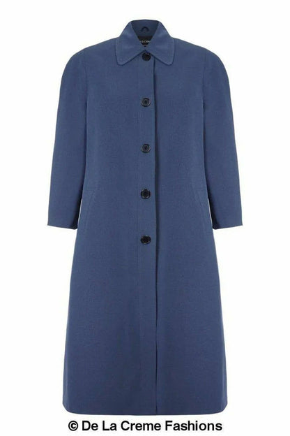 Light navy plus size long coat by Rose Eleusis, perfect for spring and summer, shown on a UK size 14 model.
