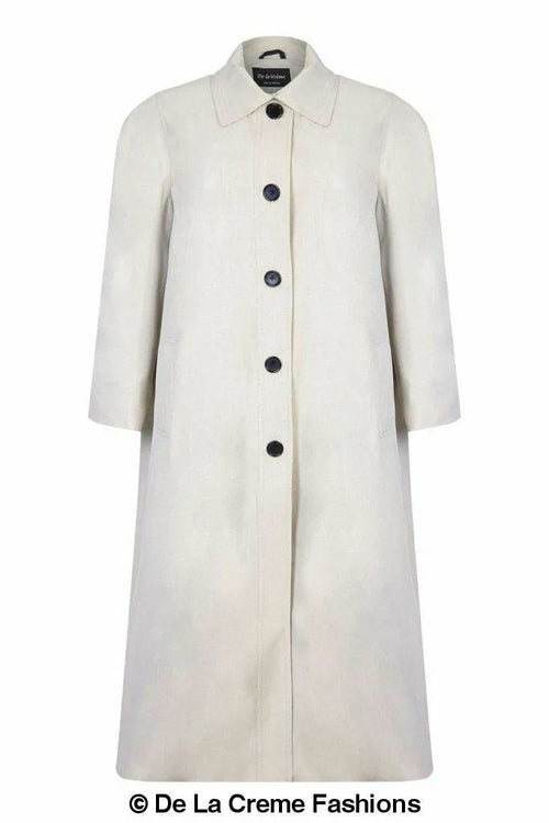 Plus size long coat by Rose Eleusis in stone color, perfect for spring and summer, shown on a model.