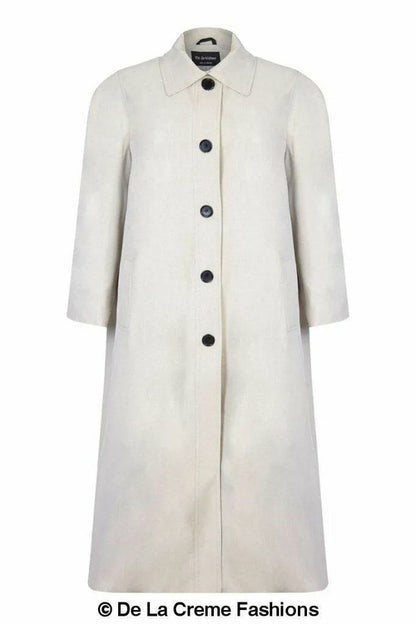 Plus size long coat by Rose Eleusis in stone color, perfect for spring and summer, shown on a model.