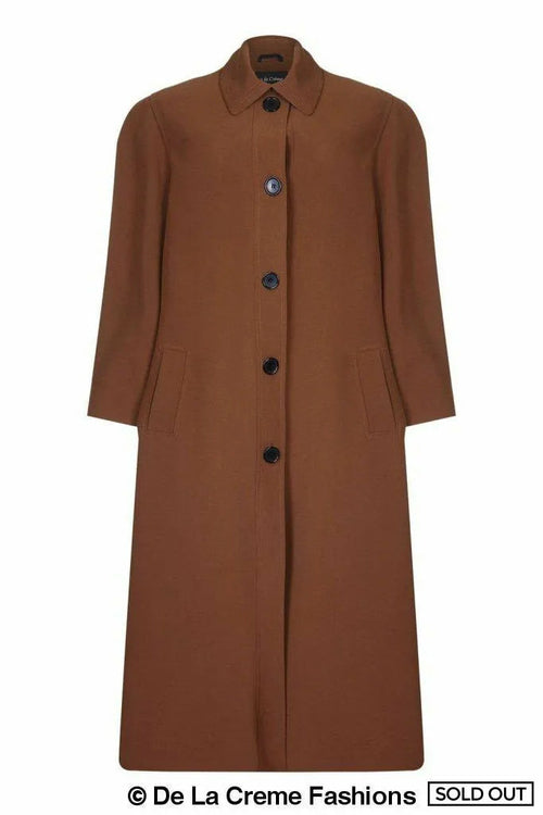 Plus size long coat by Rose Eleusis in toffee color, perfect for spring and summer, featuring a stylish and comfortable design.