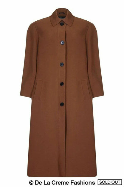 Plus size long coat by Rose Eleusis in toffee color, perfect for spring and summer, featuring a stylish and comfortable design.